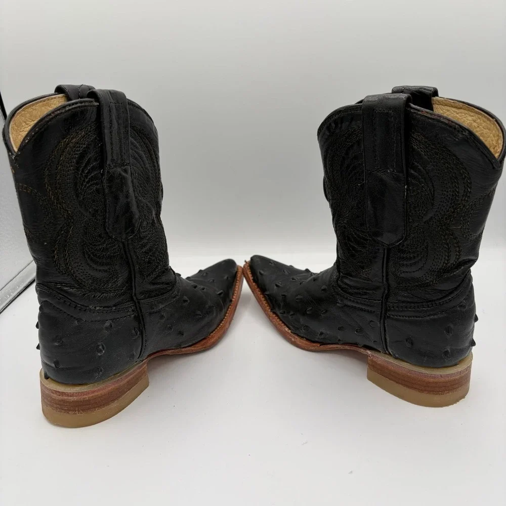 El‎ General Toddler Kids 8.5 Black Leather Ostrich Print Square Toe Cowboy Boots